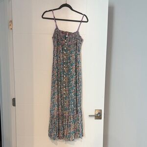 Free People Blue Floral Midi Dress with Purple Straps